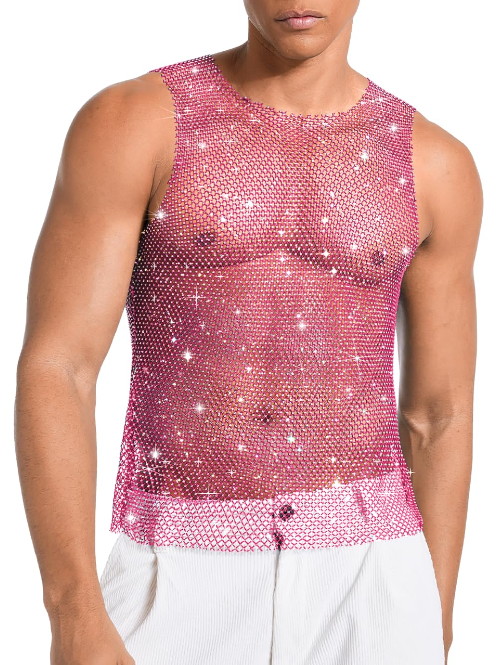 Photo 1 of ChiaoLezhee Rhinestones Rave Outfits, Sparkly Mesh Tank Tops, Men's Sexy Sheer Fishnet Shirt for Music Festival, Crewneck Sleeveless Glitter Going Out Vest Crop Clubwear,Hot Pink,X-Large