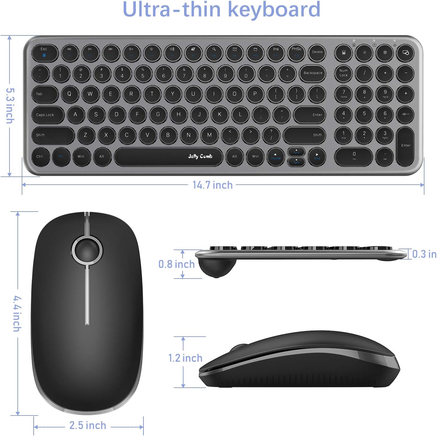 Wireless Keyboard and Mouse Combo, Jelly Comb 2.4G Slim Ergonomic Quiet Keyboard and Mouse with Round Keys for Windows, Laptop, PC, Notebook-Black and Gray: Computers & Accessories