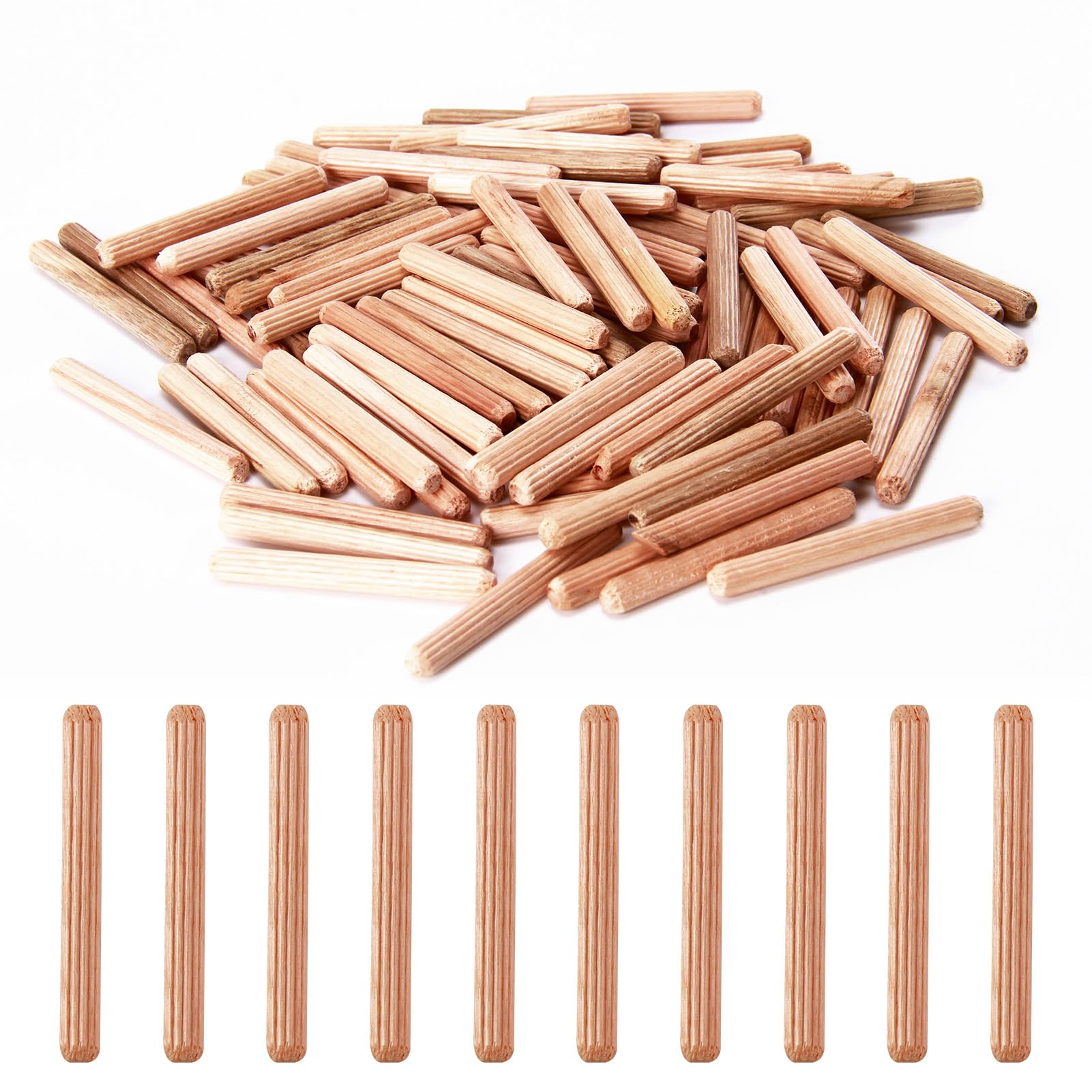 Wooden Dowels Rods M6, 100 Pcs 6mm*50mm Wood Dowel Pins Hardwood Grooved Plugs Natural Fluted Pin Wood Pegs Beveled Ends For Furniture Repair Woodwork Craft Diy Carpentry