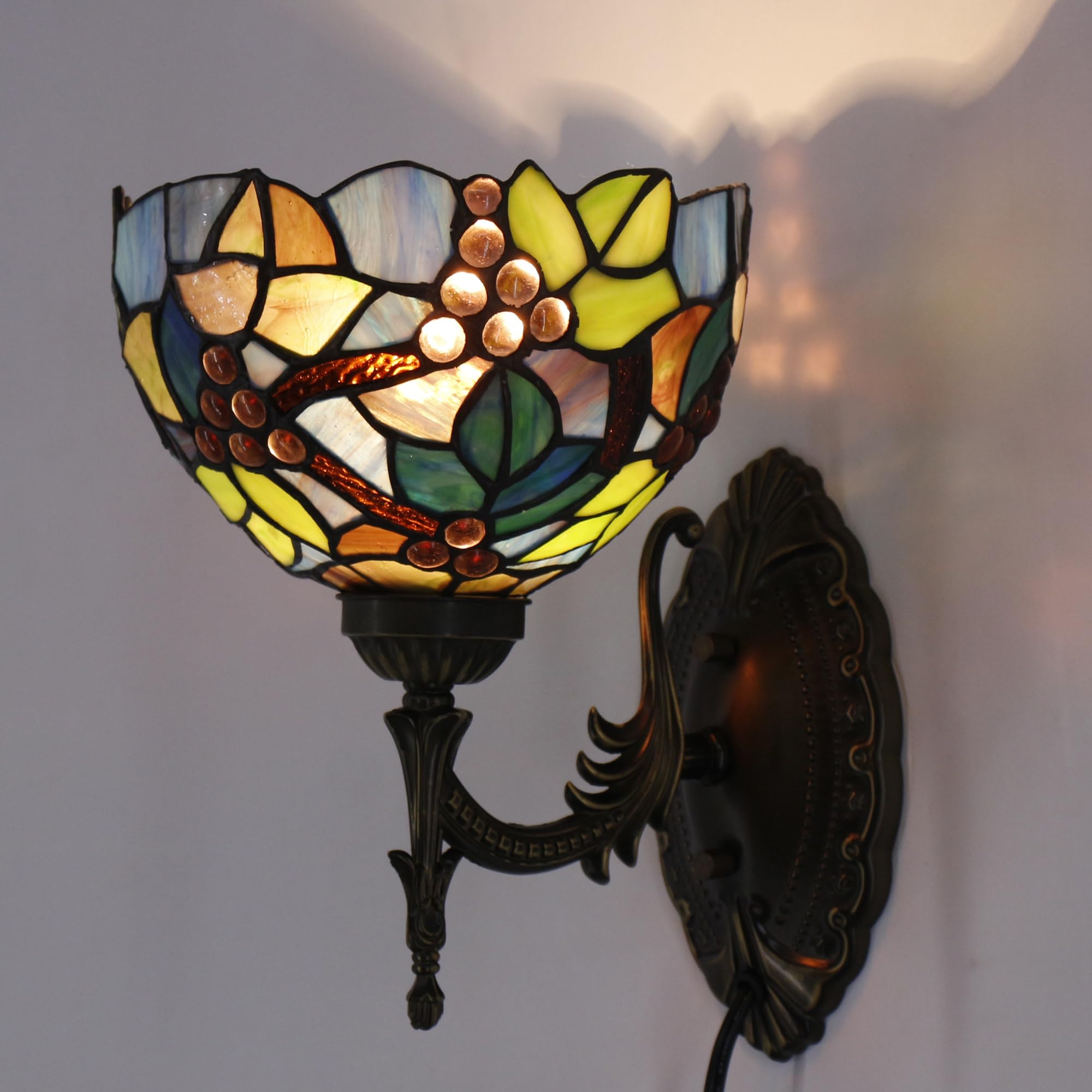 Photo 1 of WXCFCD Tiffany Wall Sconce Lamp Stained Glass 8X10.5X11 Inch Plug in Wall Bedside Light for Hallway Bedroom (Amber Grape Style)