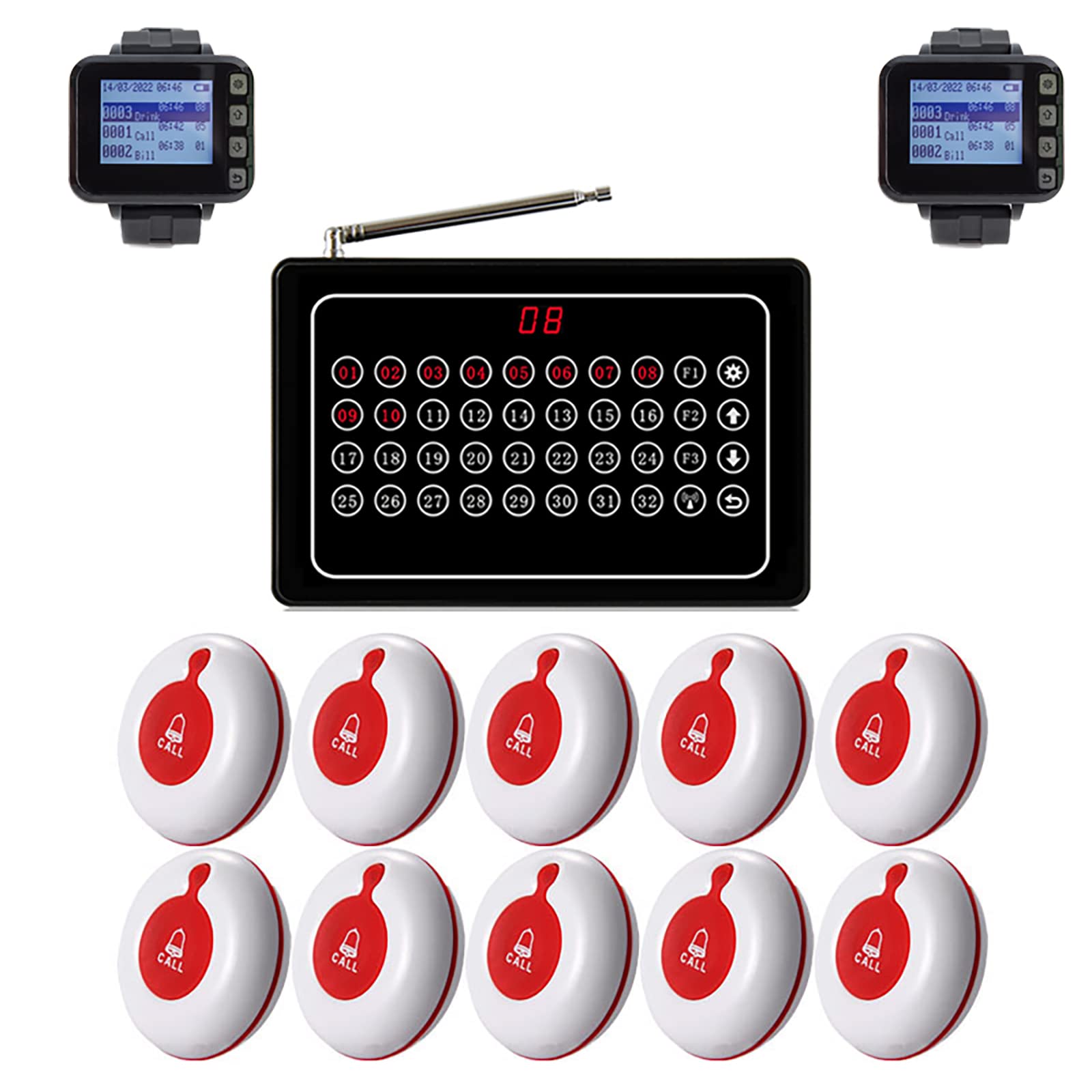 CYSSJF Nurse Call System Wireless Caregiver Pager Nurse Calling System Waiter Calling System Call Button for Restaurant Hospital Clinic Nursing Home10 Transmitters 1 Plugin Receiver 2 Watch Displays