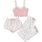 Milumia Women's 3 Piece Pajama Sets Floral Lace Cami Top and Shorts & Pants Pj Sets Loungewear