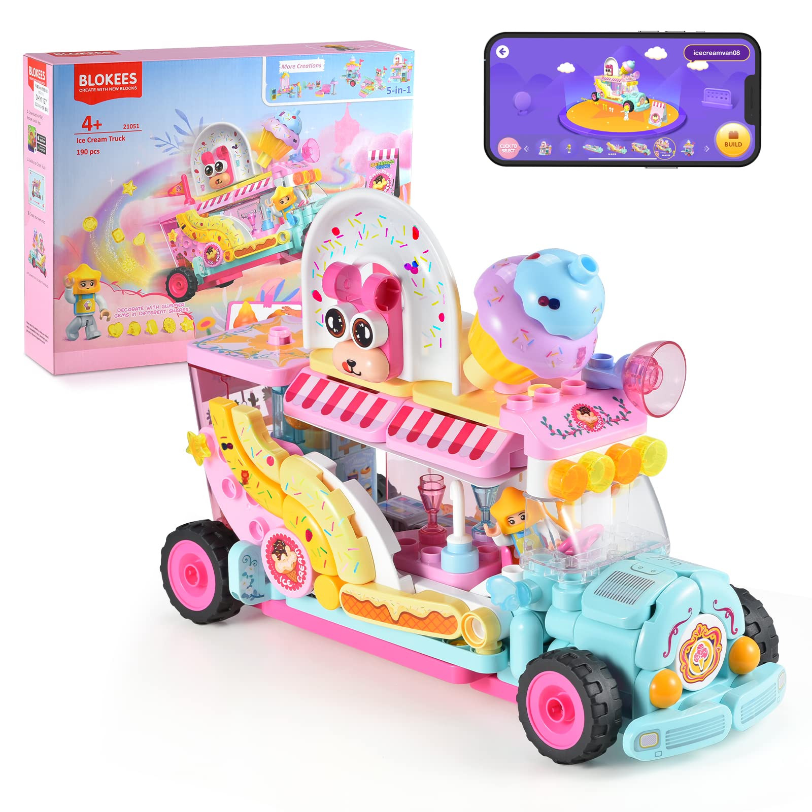 BLOKEES Building Toys for Girls, 5-in-1 Ice Cream Truck Toys for Kids, STEM Building Blocks for Kids Ages 4+, Girls Toys, Learning Toys with App Guide, Pink (190PCS)