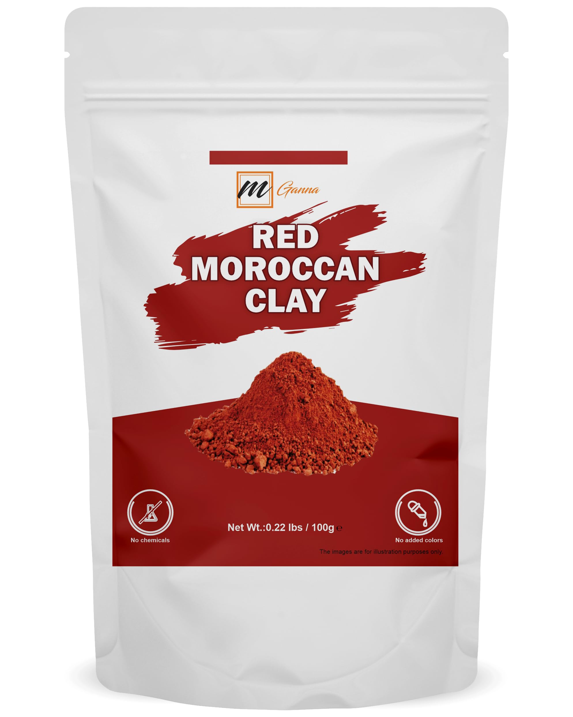 mGanna 100% Natural Moroccan Red Clay Powder 0.22 lbs/ 100 g for Skin firming, Hair Masks, Scrubs, Creams and Soap Making