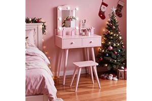 Arlopu Kids Vanity Set and Mirror, Wooden Pretend Play Vanity Table and Chair Set for Girls with Stool, Drawer, Princess Makeup Dress-Up Toy for Toddlers 3+Year Old (Pink)