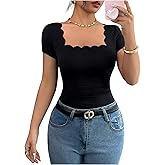SOLY HUX Women's Square Neck Short Sleeve T Shirt Scallop Ruched Slim Fitted Tee Dressy Summer Tops