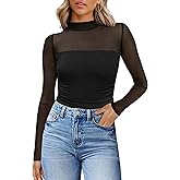 Womens Sexy Mesh Long Sleeve Shirts Fashion Clothing Turtle Necks Sheer Ruched Going Out Tops Fall Outfits Slim Fit Blouses