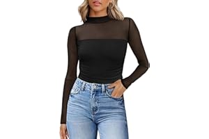 WIHOLL Womens Sexy Mesh Long Sleeve Shirts Fashion Clothing Turtle Necks Sheer Ruched Going Out Tops Fall Outfits Slim Fit Blouses