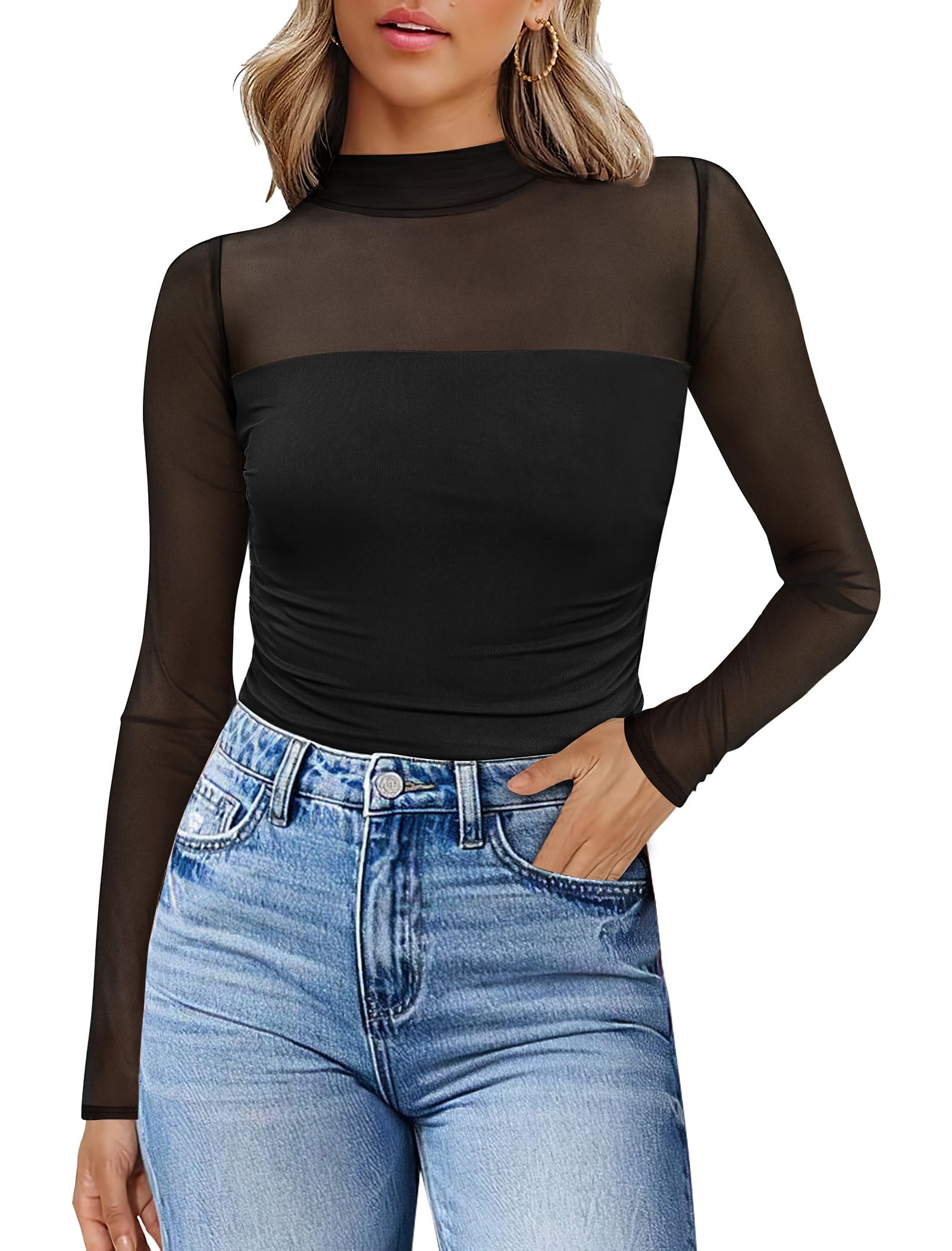 Womens Sexy Mesh Long Sleeve Shirts Fashion Clothing Turtle Necks Sheer Ruched Going Out Tops Fall Outfits Slim Fit Blouses