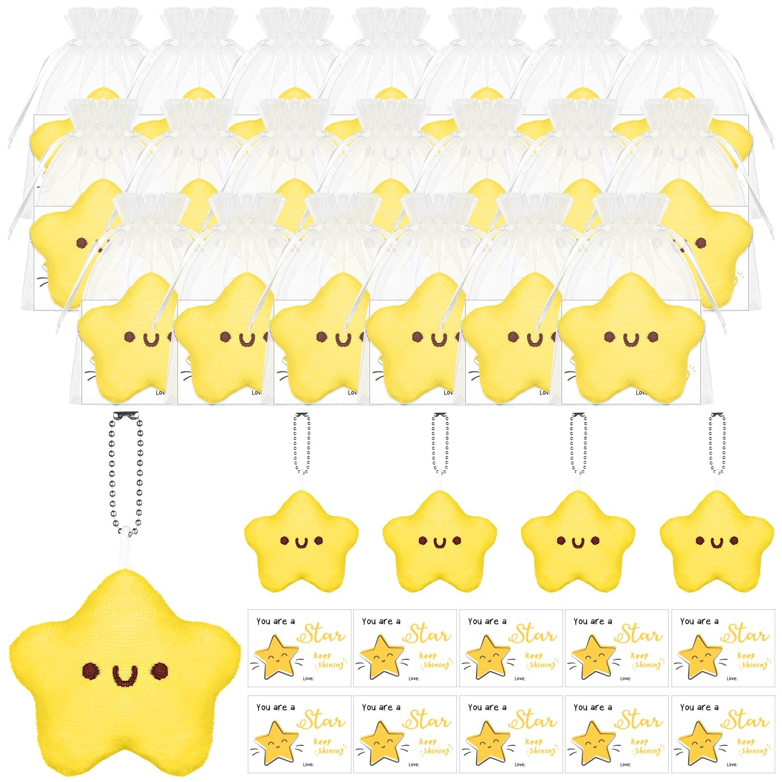 WWmily 20 Sets Employee Appreciation Gifts Bulk - Squeaky Yellow Plush Star Keychain,Cute Inspirational Cards,Organza Bags Funny Thank You Staff School Leavers Good Luck Favors for Coworkers Teachers