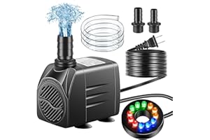 pamaner Submersible Pump, Small Fountain Pump with Tubing, Submersible Water Pump for Aquarium Fish Tank Indoor or Outdoor Pond Fountain Hydroponics Statuary (25W 400GPH, With Led Light)