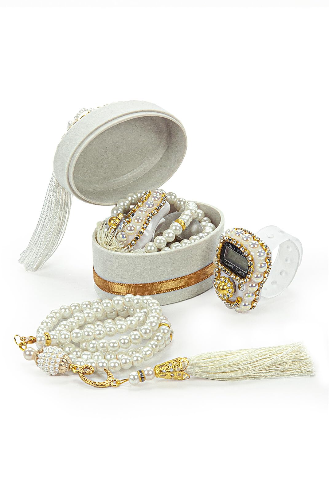 Photo 1 of ?hvan Online Velvet Box with Islamic Finger Counter and Prayer Beads, Portable Digital Prayer Tasbeeh, Pearl Zikirmatic Beads, 2 Pieces Gift for Ramadan & Eid & Mevlüt (White)
