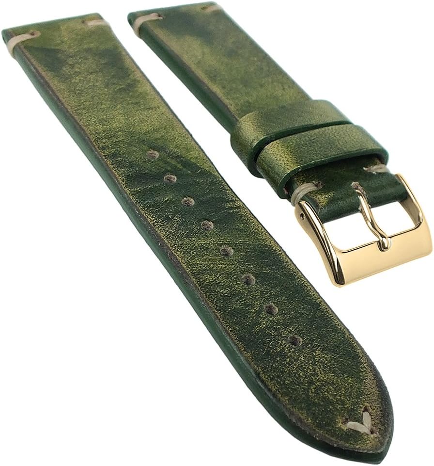 Vintage Passion Replacement Watch Strap 18 mm/20 mm/22 mm/24 mm/Leather Green/Moss 32300, Width: 18 mm, Clasp: Yellow Golden Bridge