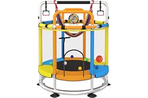 CALVALRY Trampoline for Kids, Full Anti-Rust 440lbs Anti-Rollover Round Bottom Toddler Trampoline, T-handrail Adjustable Baby Toddler Trampoline Basketball Dart Board