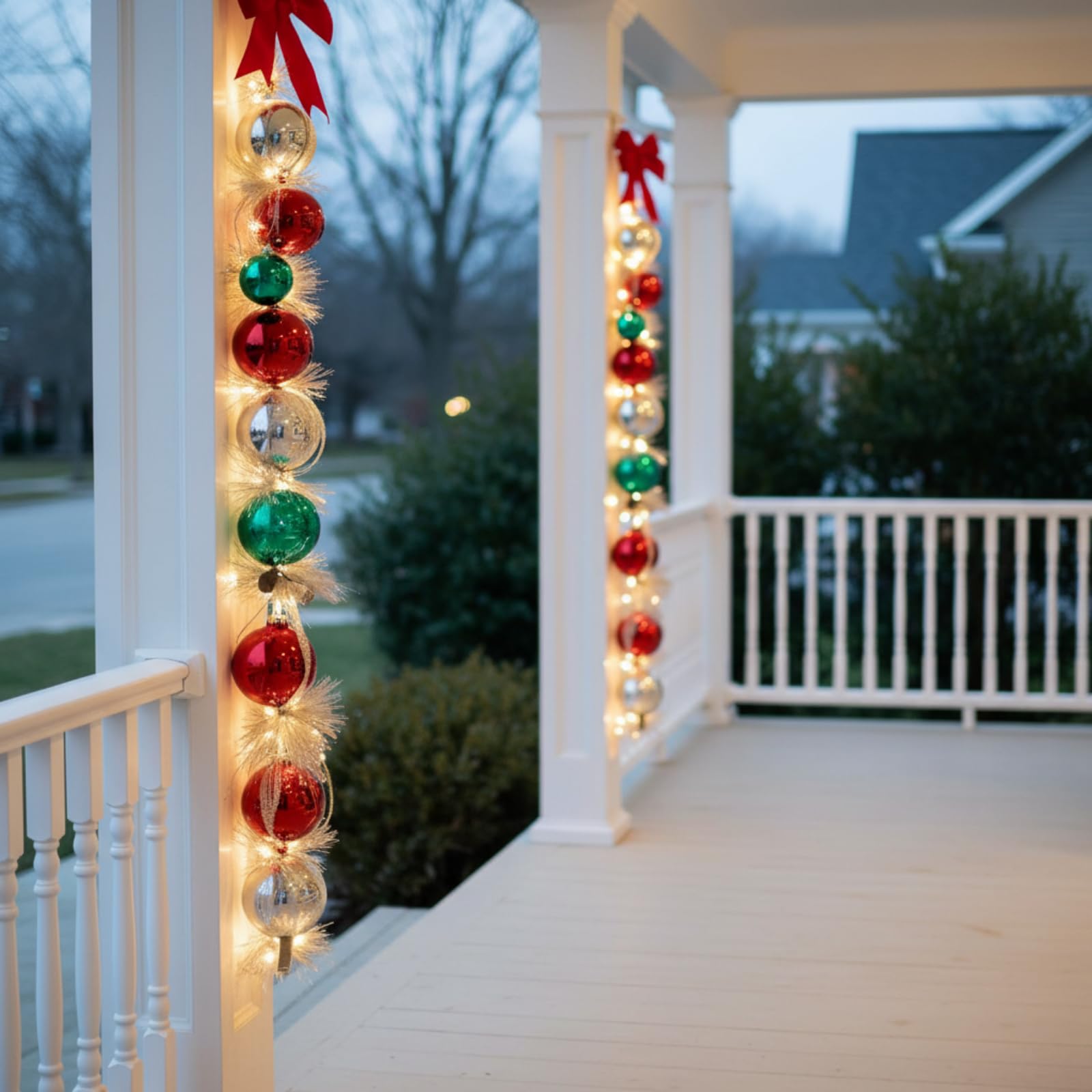 Photo 1 of GlikCeil 5.9 ft Christmas Garland with Lights for Porch Decor Xmas White Feather Boa Garland with 5.9 Inch Red Blue Shatterproof Balls, 9 Inch Large Bow and LED Lights Indoor Outdoor Front Door Tree