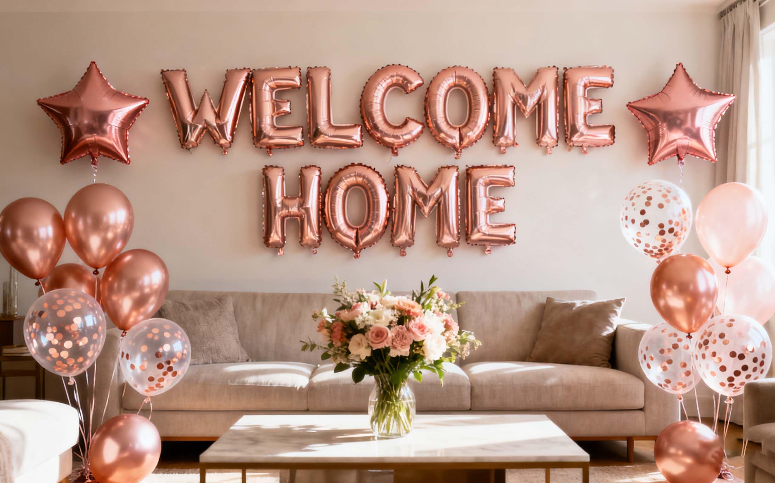 Fechy Welcome Home Letter Balloon Banner with Star Sequin Balloons for Home Family Party Decorations(24 Pack) (Gold rose)
