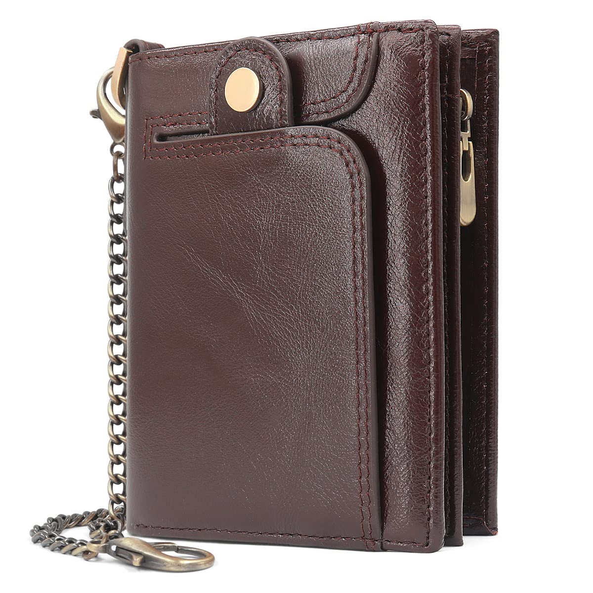 REETEE Mens Wallet RFID Blocking Genuine Leather Wallets Mens with Chain and Zip Coin Pocket, Real Leather Wallet for Gents Men’s 14 Credit Card Holders Bifold Slim Wallets for Men Gift (Coffee)