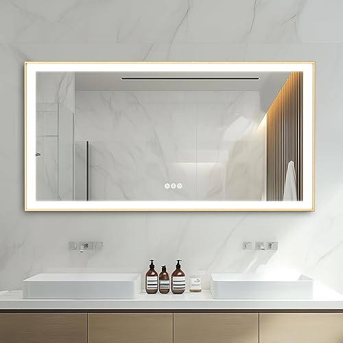 LUVODI Bathroom Mirror with LED Light: 1400x700mm Illuminated Dimmable Rectangular Wall Vanity Mirror with Anti-fog Golden Frame 3 Colour Lighting, IP56 Rated