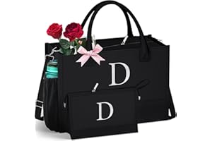 QLOVEA Initial Black Canvas Tote Bag & Makeup Bag with Zipper Adjustable Strap, Personalized Present Bag for Women Birthday