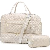 SUIKIHUM 50L Large Travel Duffle Bag for Women, Weekender Overnight Bag W/Shoe Compartment+Wet Pocket+Toiletry Bag TSA Approved, Beige