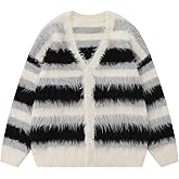Bakyarder Men's Color Blocking Striped Fuzzy Cardigan Casual Vintage Oversized Button Down Knit Sweater