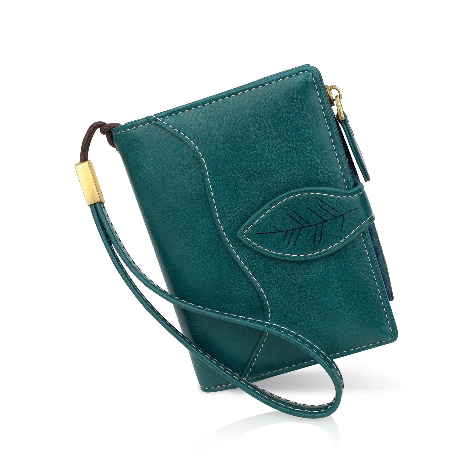 conisy Small Purses for Women, Compact Bifold Leather Wallet with Wristlet RFID Blocking Ladies Purse (Peacock Blue)