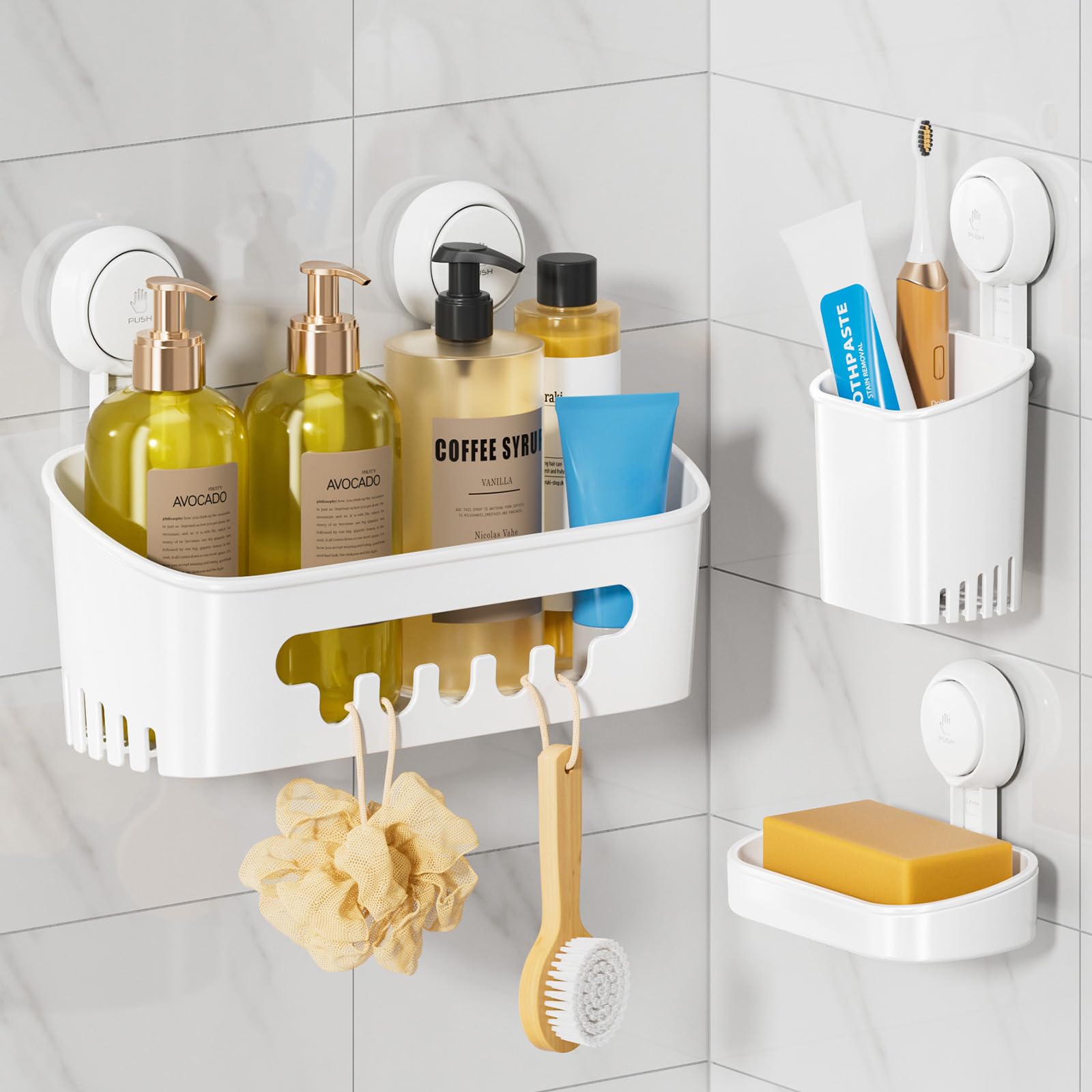 TAILI Suction Cup Shower Caddy & Soap Holder & Toothbrush Holder NO-Drilling Removable Bathroom Organizer Set Powerful Heavy Duty Waterproof Caddy Organizer for Bathroom & Kitchen - White