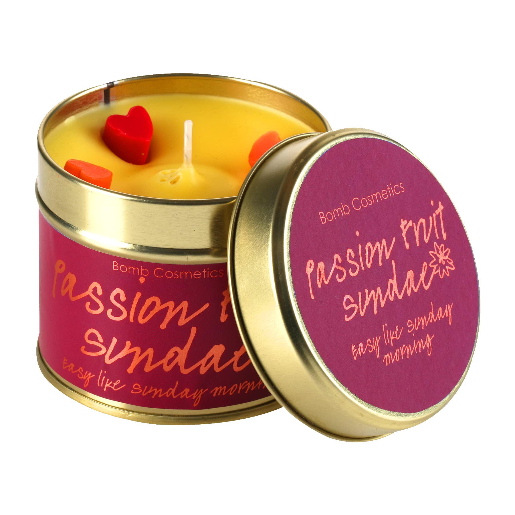 Bomb Cosmetics Passionfruit Sundae Scented Tin Candle; Contains Pure Mandarin & Orange Essential Oils; Vegan Friendly; 30-35 Hour Burn, Purple, 7.7cm l x 7.7cm w x 6.7cm h