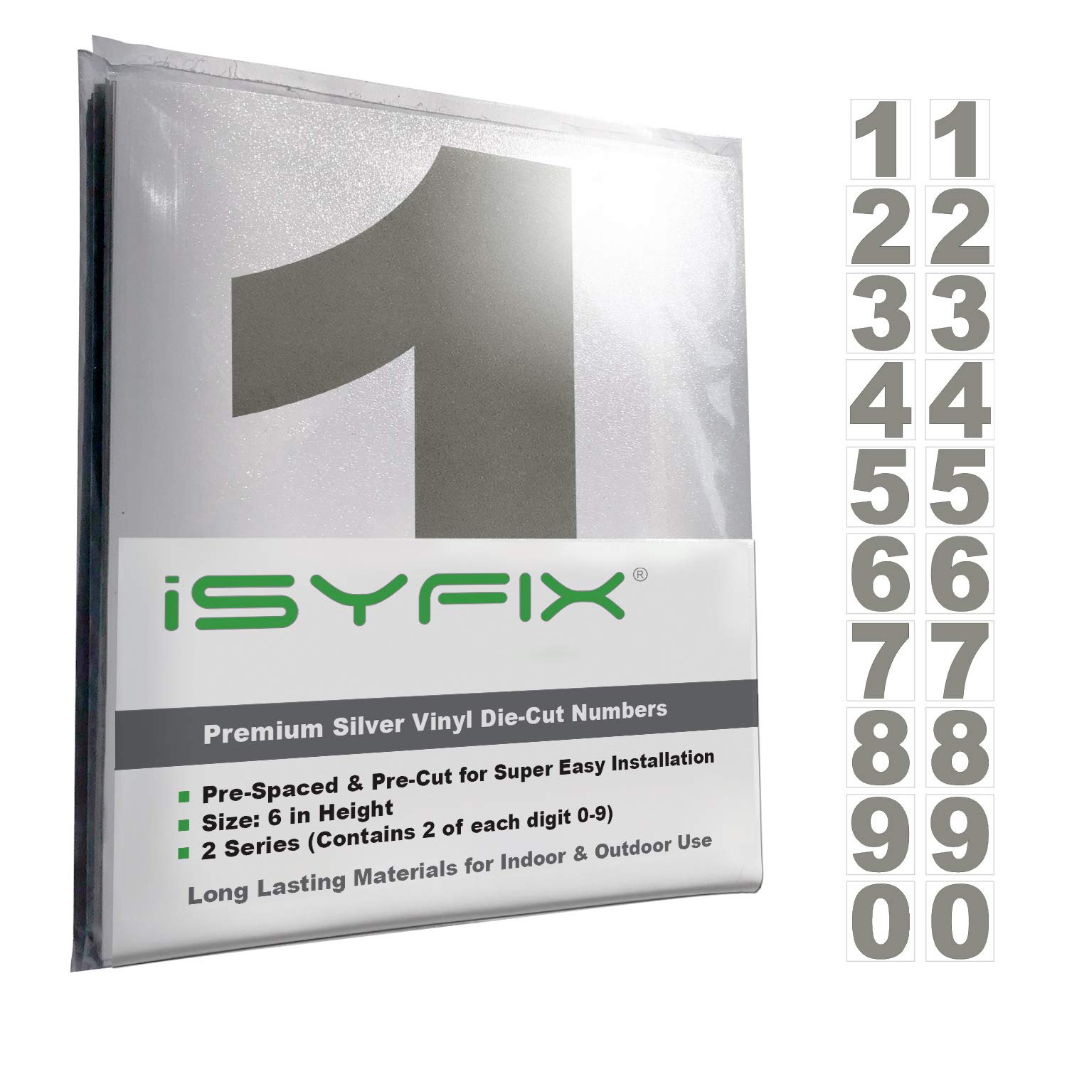 iSYFIX Silver Vinyl Numbers Stickers - 6 Inch (2 Sets) - Premium Decal Die Cut and Pre-Spaced for Mailbox, Signs, Window, Door, Cars, Trucks, Home, Business, Address Number, Indoor or Outdoor