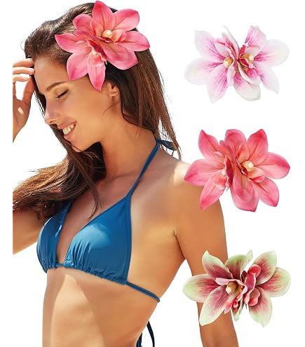 Flower Hair Clips 12 Pcs Hawaiian Tropical Orchid Bohemian Summer Vacation Acces Amazon.com : 12 Pack Flower Clip for Women, Hawaiian  main image 4