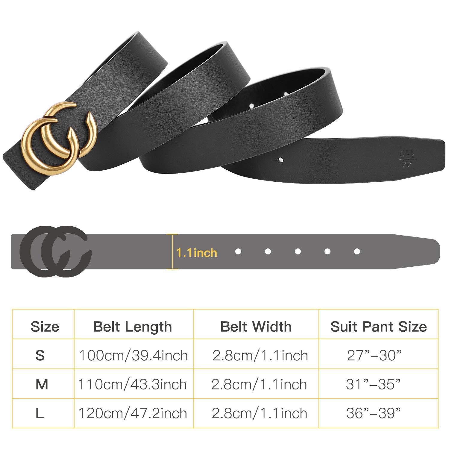 Women Genuine Leather Belt Ladies Skinny Dress Belt Fashion Waist Belt with Gold Buckle for Jeans Pants Skirt, Black, Suit for Pants 27\