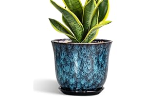 SUNPOTFOR 8 Inch Plant Pot - Ceramic Planter for Indoor Outdoor, Round Planter with Drainage Hole and Saucer, Modern Planters, Flower Pots, Apartment Porch Room Home Decor, Gardening Gifts, Blue