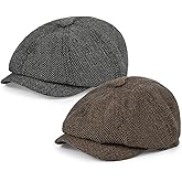 Qlauca Newsboy Cap for Men Cotton 8 Panel Men's Flat Cap Herringbone Tweed CabbieHat