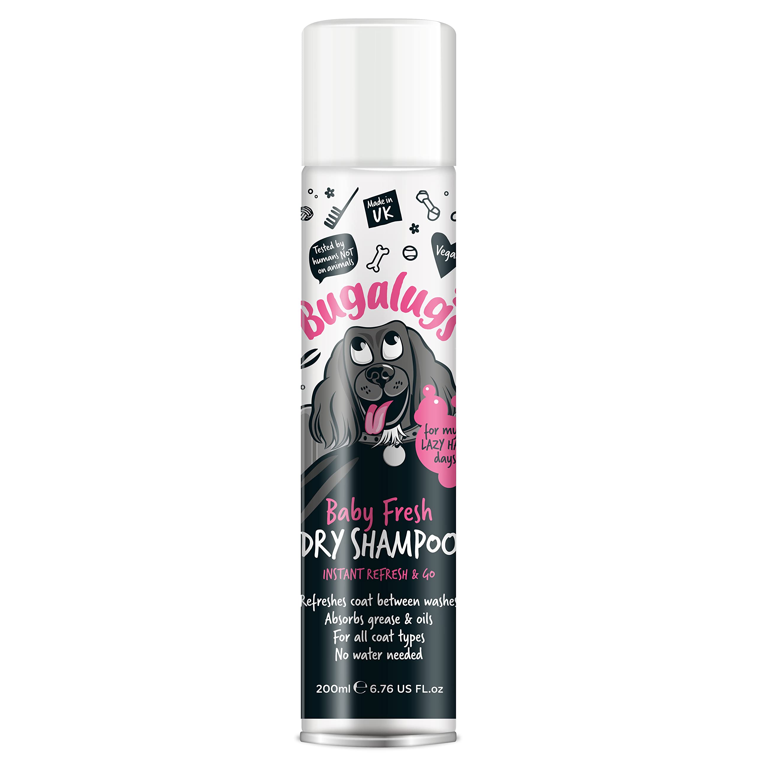 Dry Dog Shampoo by Bugalugs with Baby Fresh fragrance removes oil & grease, dog grooming shampoo products for smelly dogs, best puppy shampoo, professional groom Vegan pet shampoo
