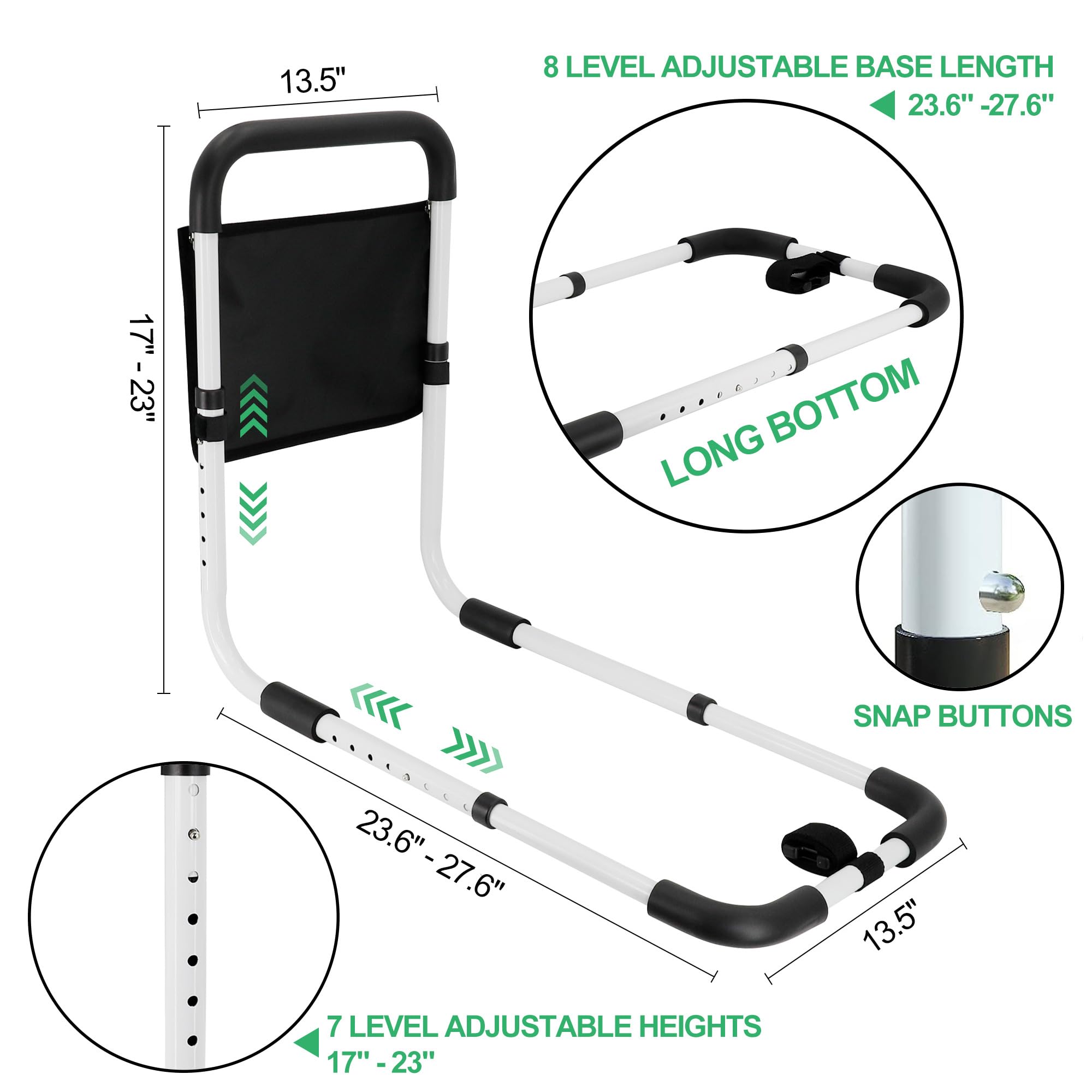RELIANCER Bed Safety Rail for Elderly Adult,Adjustable Bedside Assist Grab Bar w/Storage Pocket,Bed Side Support Railing for Seniors,Fall Prevent Bedside Handle Bar,Bedside Assist Guard Rails Bed Cane