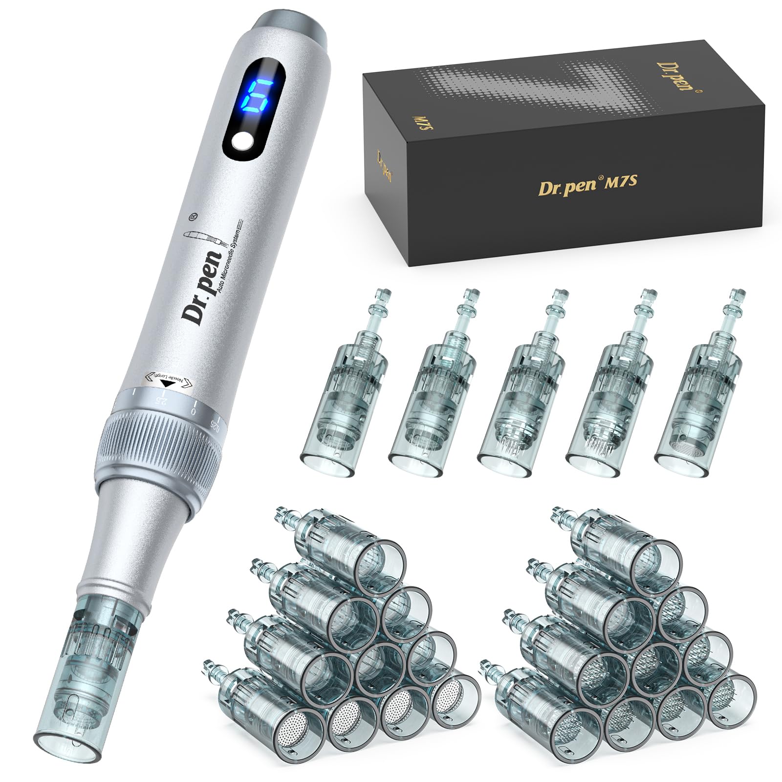 Dr. Pen M7S Wireless Microneedling Pen Skin Care Tool Kit with 11, 16, 24, 36 Pin Cartridges Silver