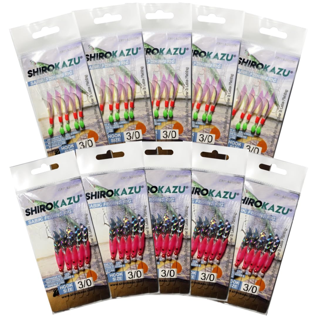 10 PACKS - SHIROKAZU Reflective Luminous Mackerel Feather Lures - Anti-Rust Steel Hooks, Versatile Use for Freshwater & Saltwater Fishing - 5 Hooks Each, Ideal for Sea Bass, Trout (Mixed (10 packs)