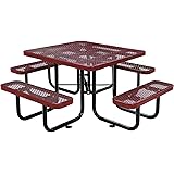 Global Industrial 46" Square Picnic Table, Expanded Metal, Red Thermoplastic Coating, Attached Benches, 1-1/2” Umbrella Pole Hole, Outdoor-Rated, 1000 lb Capacity