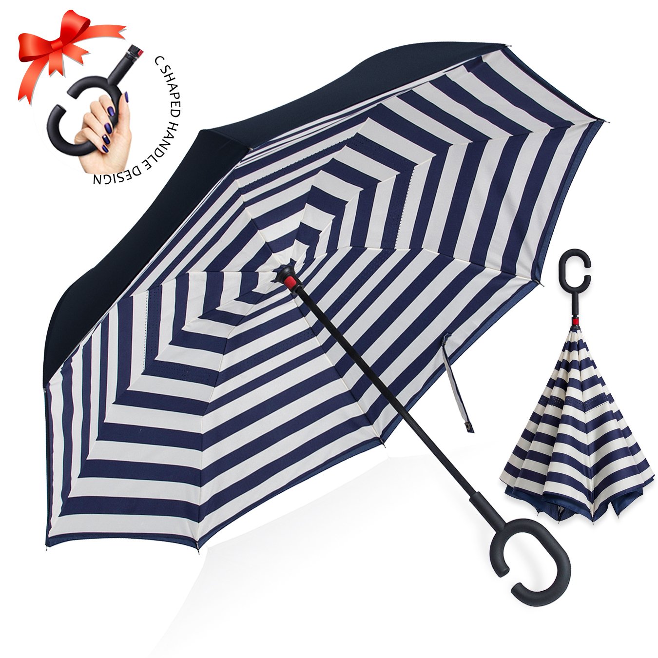 傘ケース付き 逆さ傘 自立傘 晴雨兼用 ビジネス用 撥水加工 逆転傘 車用 Uvカット遮光遮熱 長傘 耐風 B071kfq2fx青縦縞 手離れc型手元 逆折り式傘 日傘 ラッピング不可