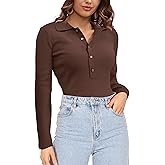 SuperPrity Long Sleeve Shirts for Women Spring Fashion V Neck Button Polo Sweaters Stretch Slim Fitted Knit Basic Tee Tops