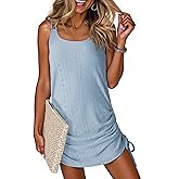 Dokotoo Women's Hollow Out Cover Up Swimwear Beachwear Double Shoulder Straps Sleeveless Mini Dress Drawstring Beach Dress
