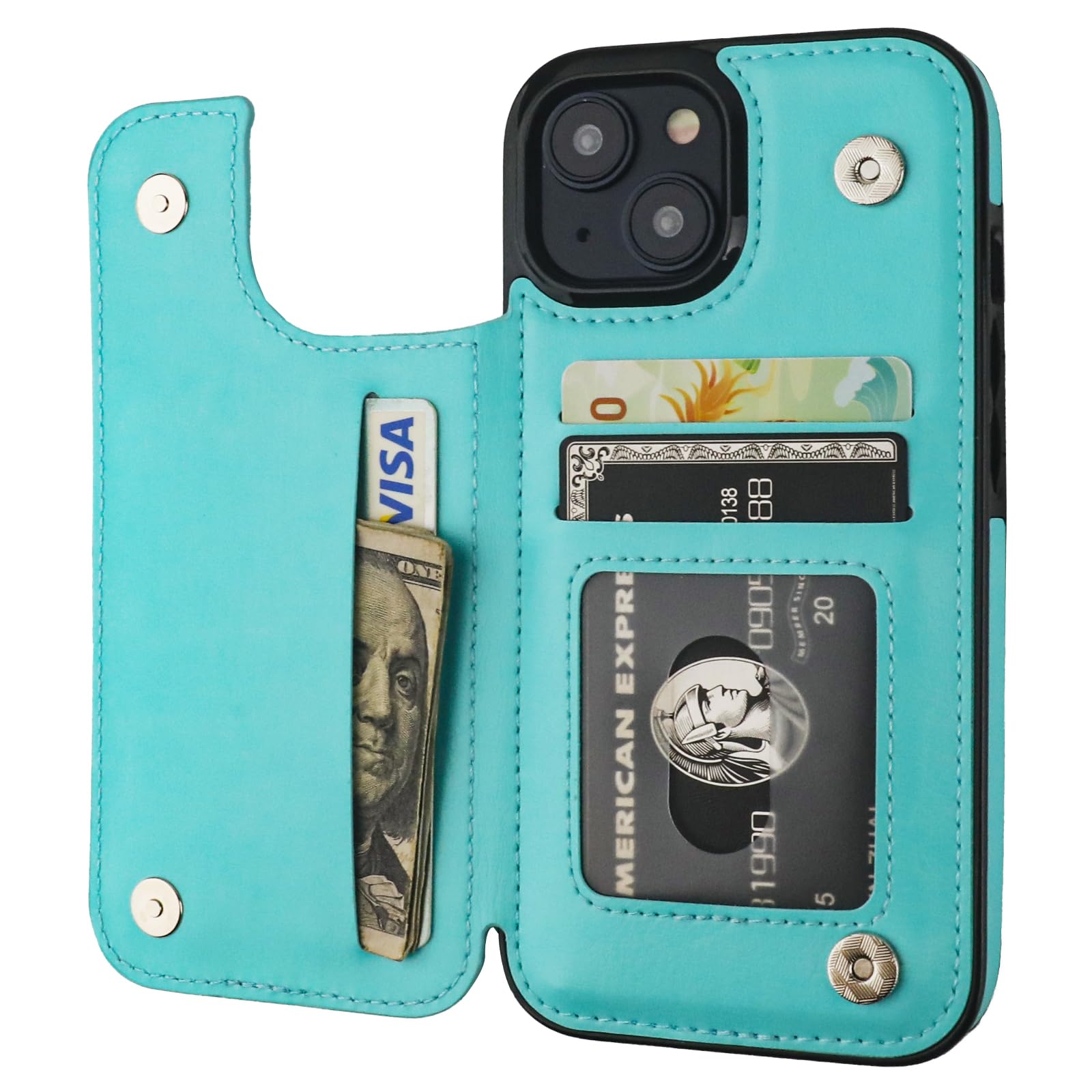 ONETOP Compatible with iPhone 15 Wallet Case with Card Holder, PU Leather Kickstand Card Slots Case, Double Magnetic Clasp and Durable Shockproof Cover 6.1 Inch (Light Blue)