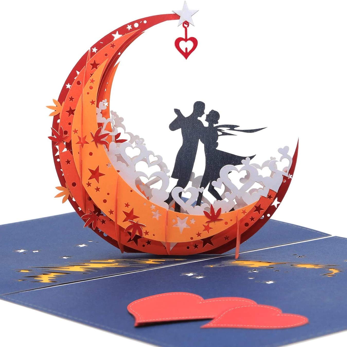 NLR 3D Pop-up Greeting Card # Lovers Dance on Moon Boat | Best for Anniversary, Valentine's Day, Birthday, Wedding Ceremony... (Red)