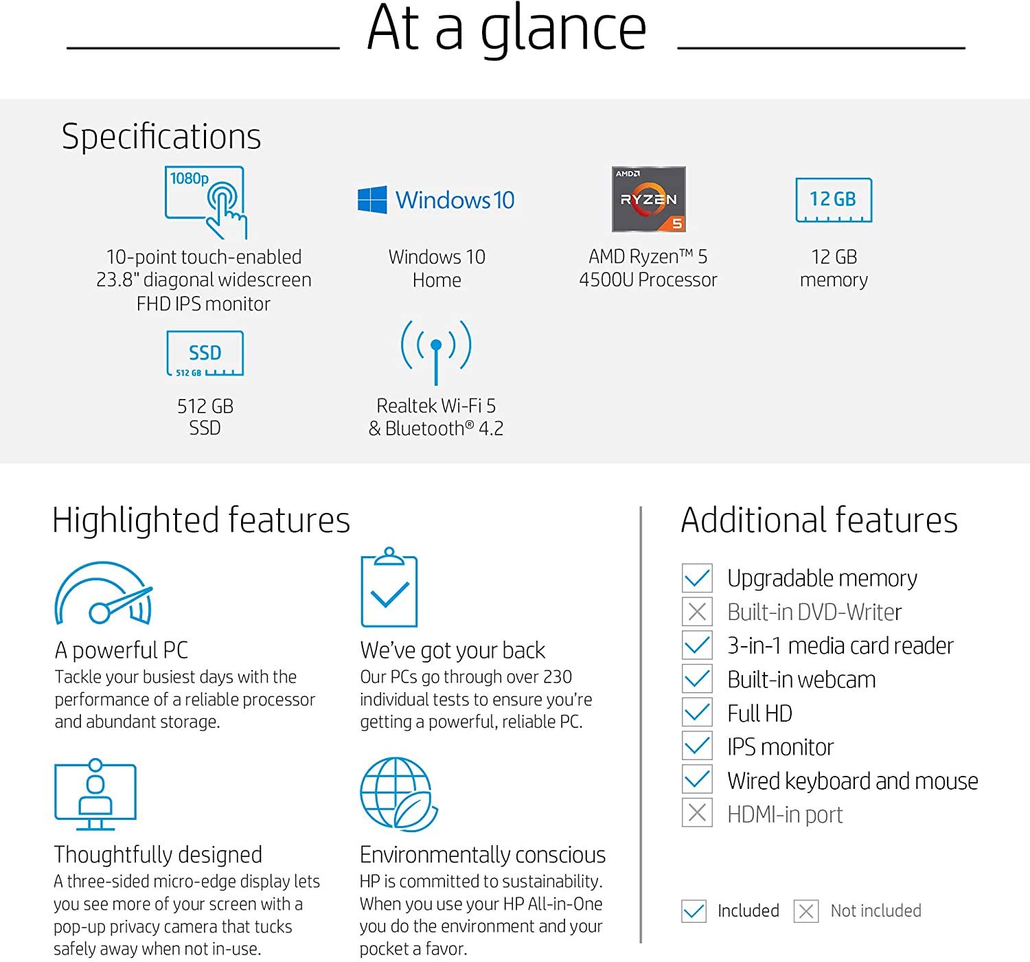HP 24-inch All-in-One Touchscreen Desktop Computer, AMD Ryzen 5 4500U Processor, 12 GB RAM, 512 GB SSD, Windows 10 Home (24-dp0160, Silver)