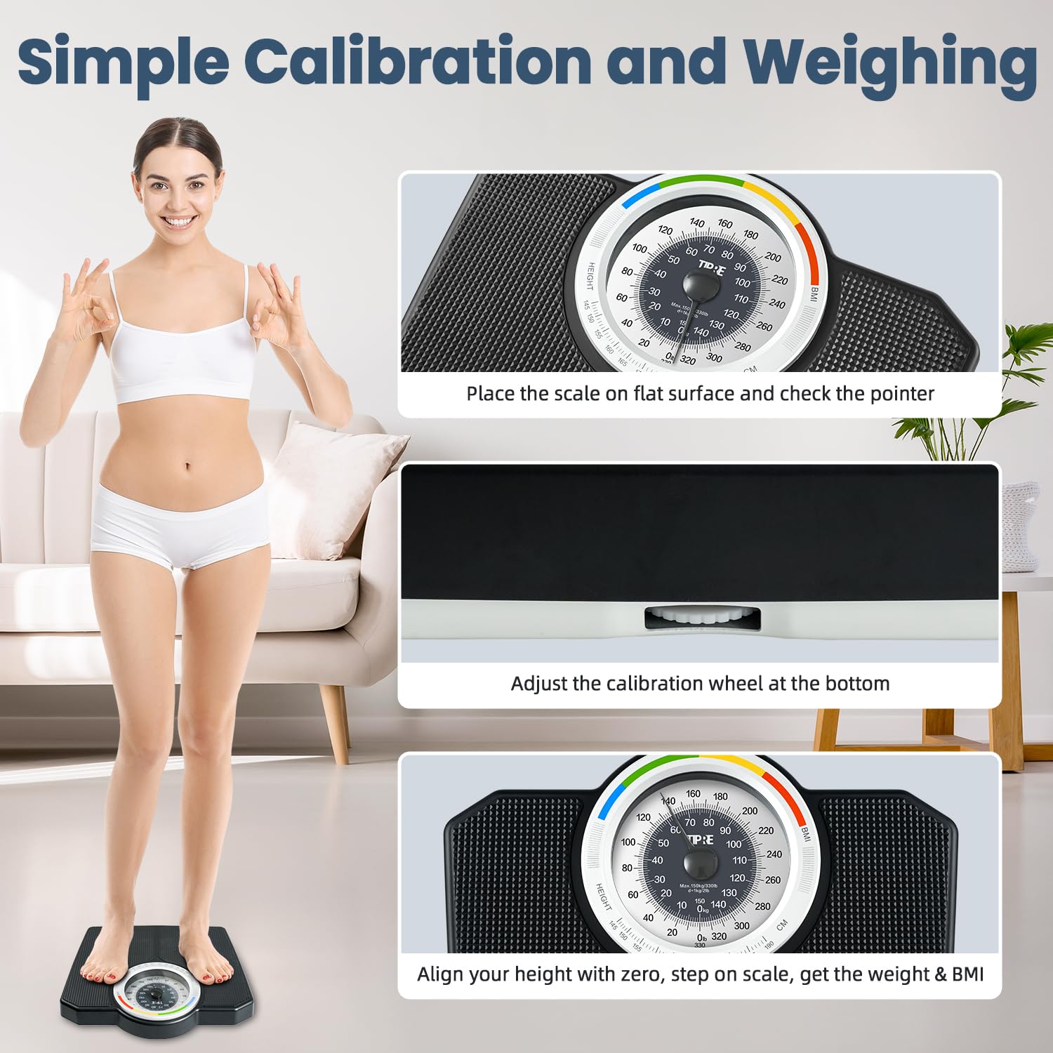 Analog Scale for Body Weight, Mechanical Bathroom Scale, Analog Scale for Body Weight, 150kg/330lb, Dial Scale with Wider and Thicker Anti-Slip Platform, Simple Calibration, No Required Battery