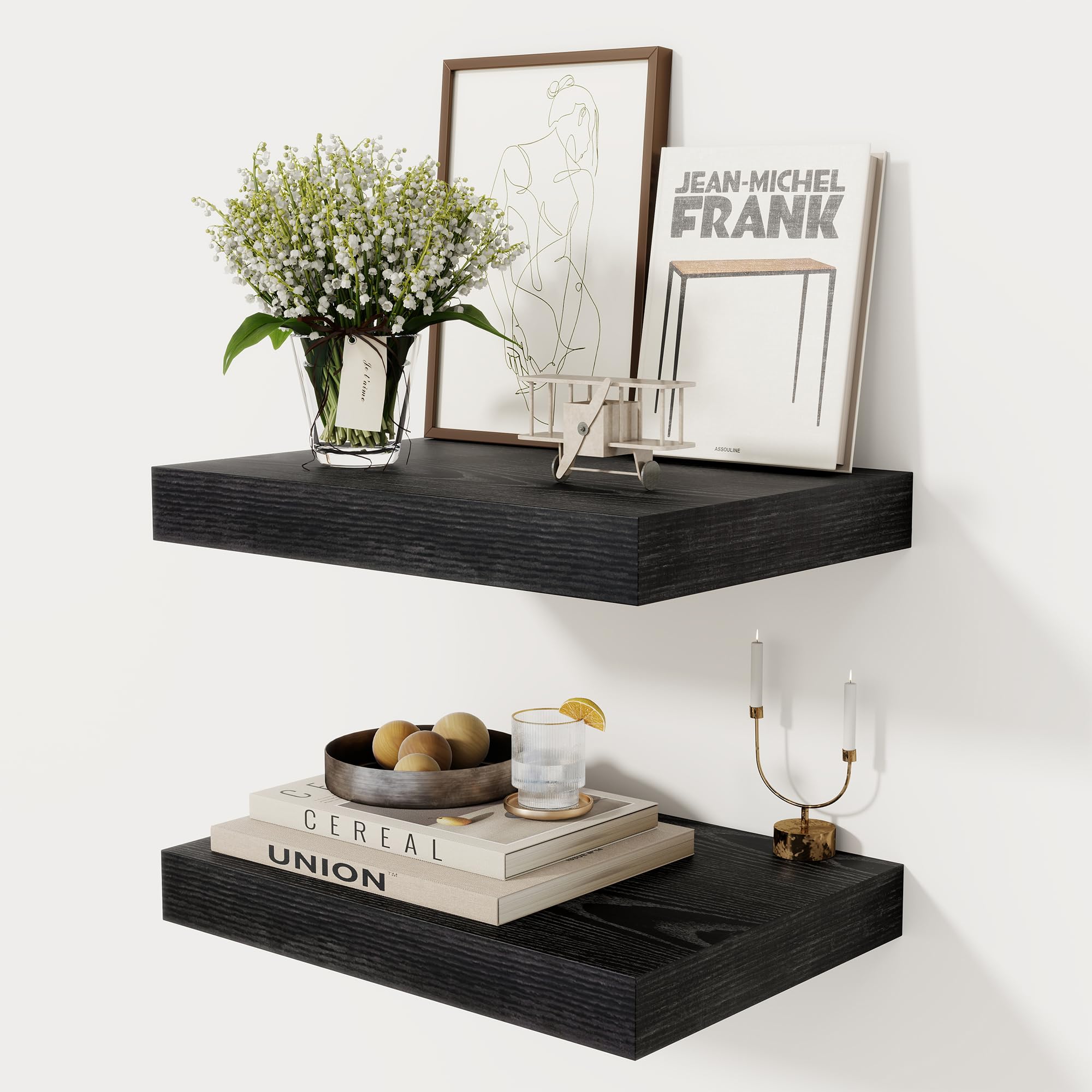 Photo 1 of 12 Inch Deep Black Floating Shelves, 16 x 12 Floating Shelf for Books, Rustic Wood Deep Wall Shelves for Home Storage & Display, 2" Thicked Shelves for Kitchen, Living Room, Bedroom, 2 Pack