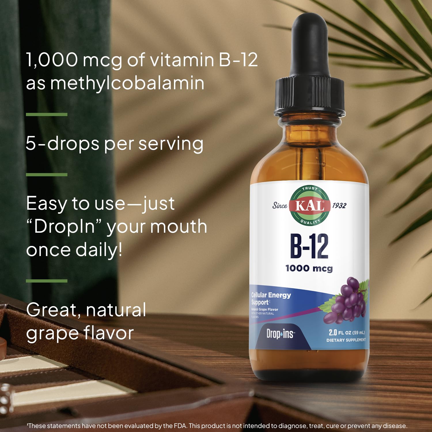KAL B12 1000 mcg DropIns, High Absorption Liquid B12 Vitamin, Healthy Energy Supplements for Metabolism, Heart Health, Nerve, Red Blood Cell Support, Natural Grape Flavor B12 Drops, 196 Servings, 2oz
