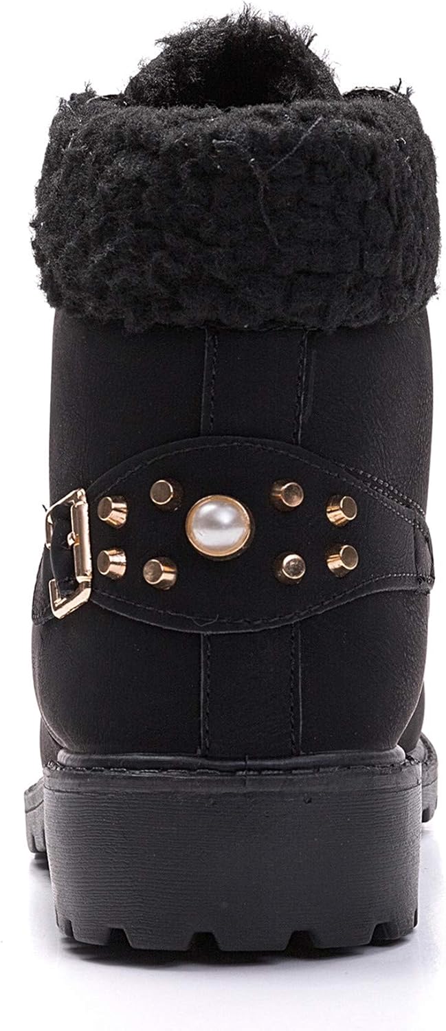  | DADAWEN Women's Round Toe Waterproof Outdoor Lace up Work Combat Ankle Bootie Fur Lined Warm Winter Snow Boots | Snow Boots