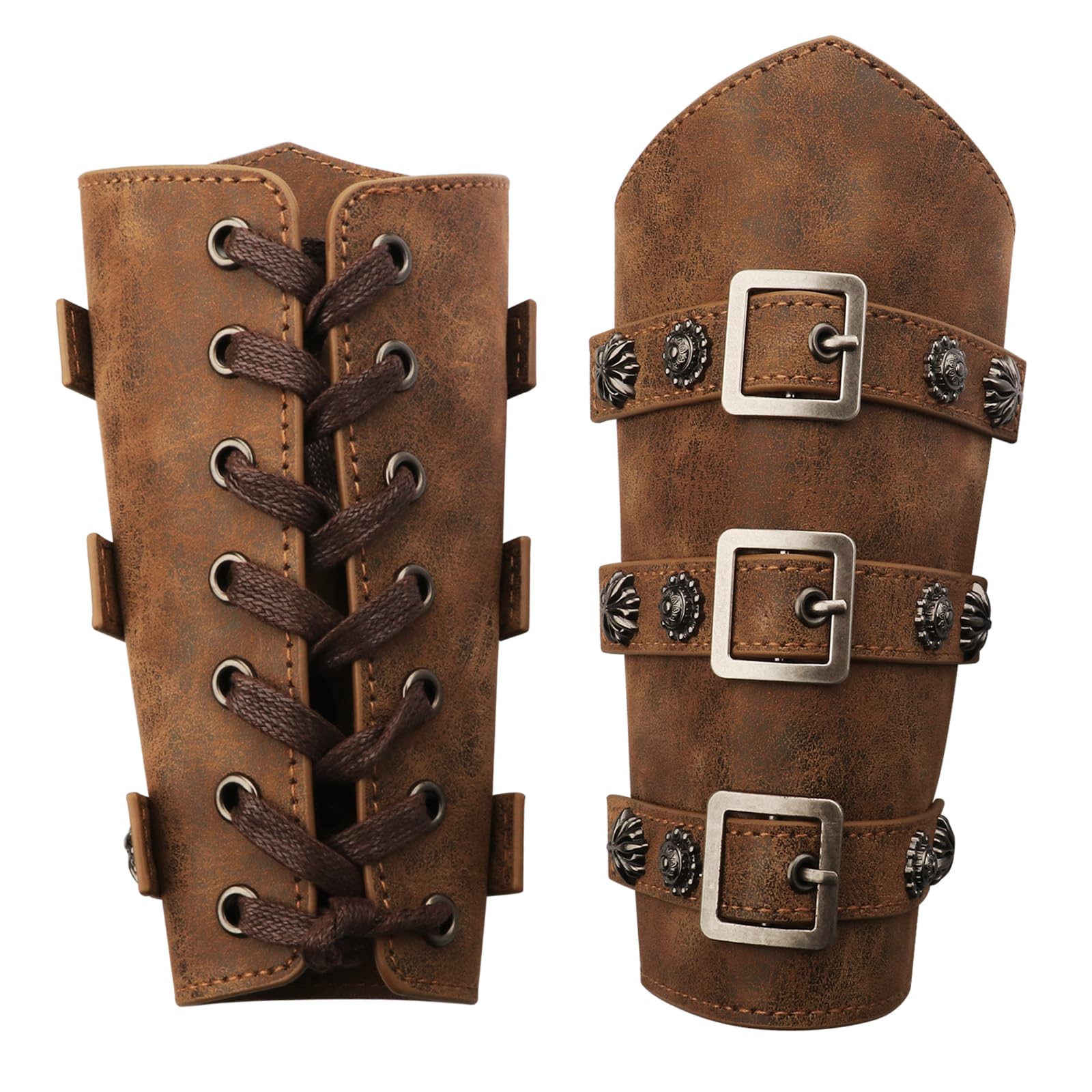 Photo 1 of Miruchertter Leather Arm Bracer Gauntlet Wristband Renaissance Buckle Arm Guard for Men & Women Medieval Brown Wrist Cuffs Ideal for Halloween Costumes, Theme Party, One Size One Pair