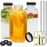 Maredash 16oz glass bottles with lids,juice bottles gifts for women,glass bottles with lids,glass water bottles. Kit includes Stainless Steels Straws,Two Types of Lids,Cleaning Brush 3pcs